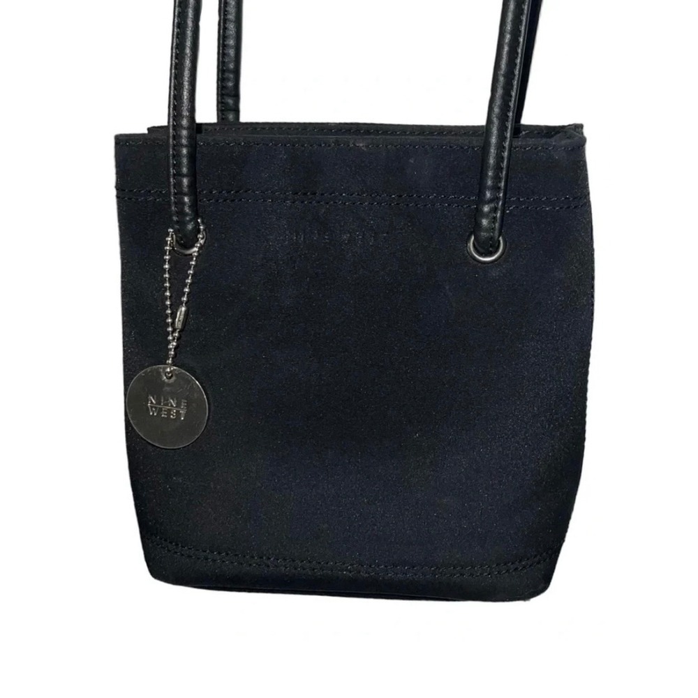 Nine West Black Mini Crossbody Bag Small Tote Logo Charm Vinyl Trim